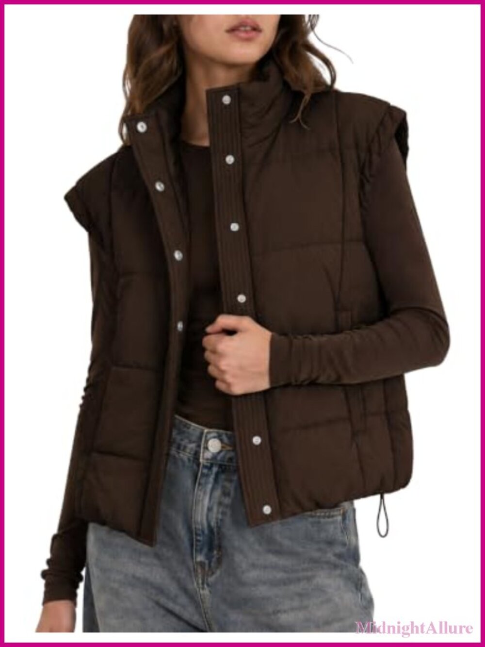 Womens Lightweight Cropped Padded Puffer Vest Stand Collar Snap Button